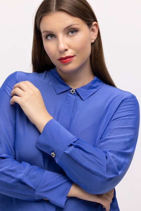 Bluse, Seidenmix, Blütenknopf, Hemdkragen, Langarm