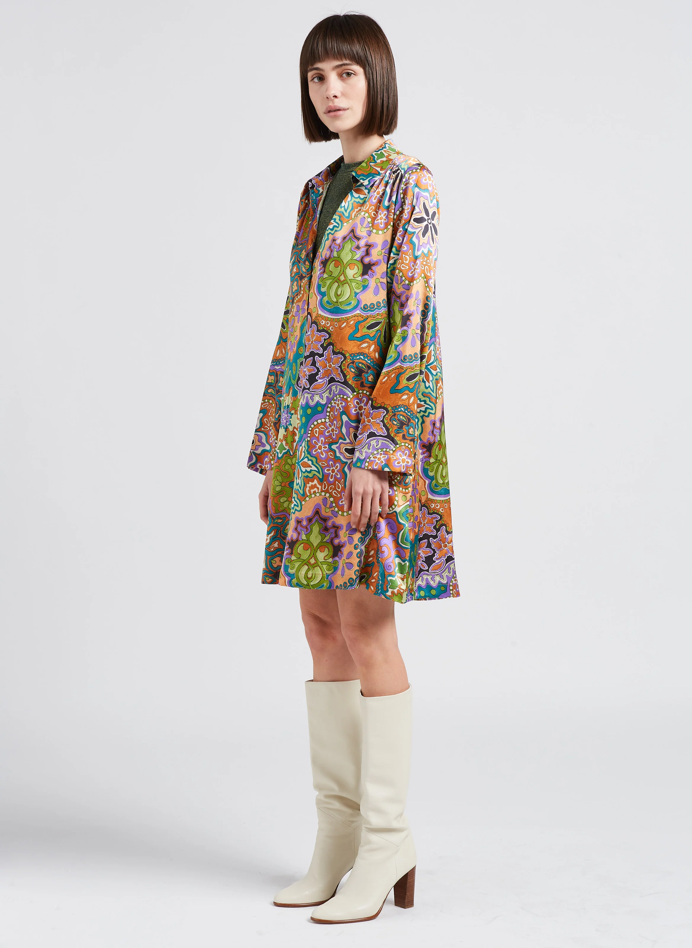 EDMONDE - Robe courte col classique imprimée en soie mélangée| Multicolore