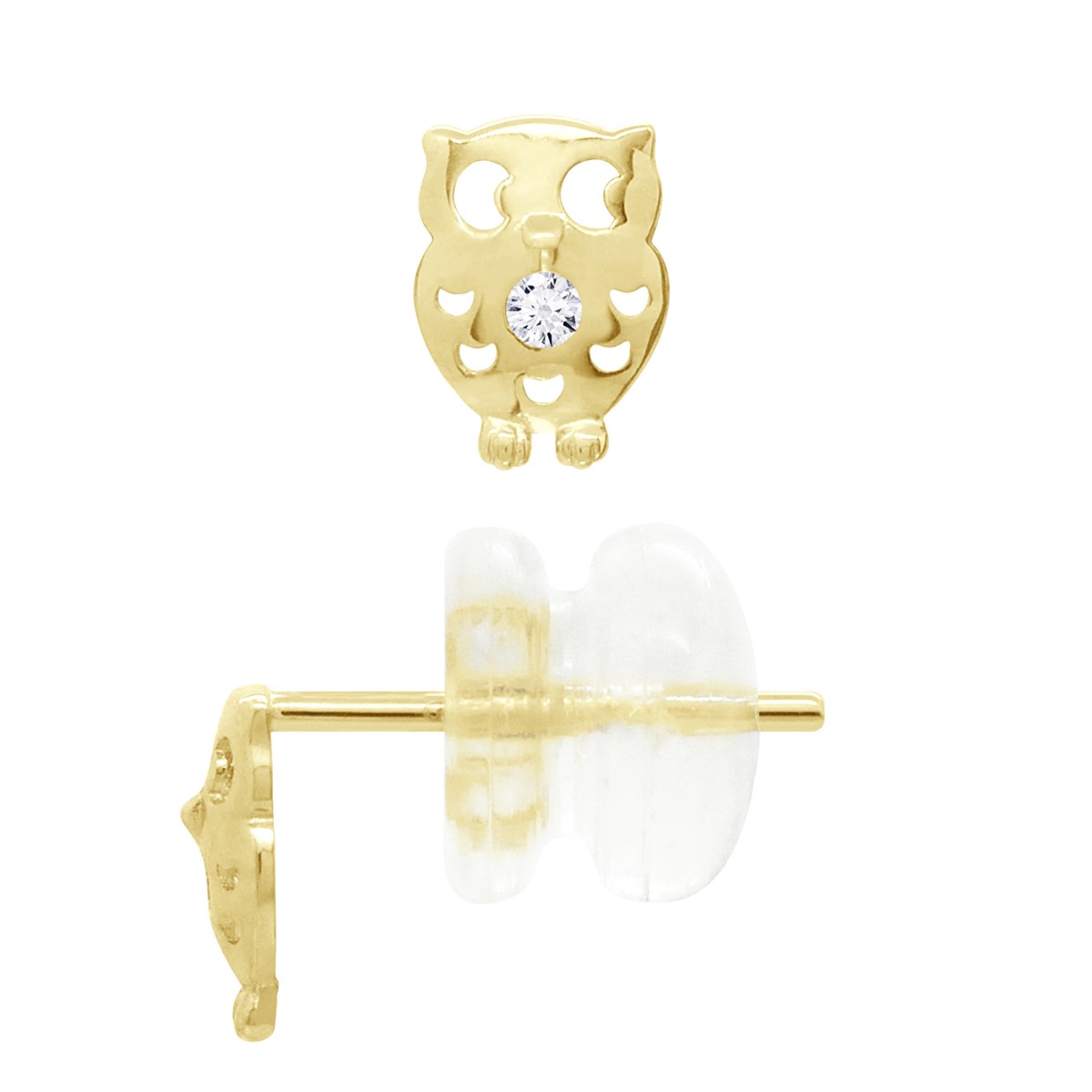 Boucles d'Oreilles Fantaisie - Chouette - Serties d'Oxydes de Zirconiums - Or Jaune