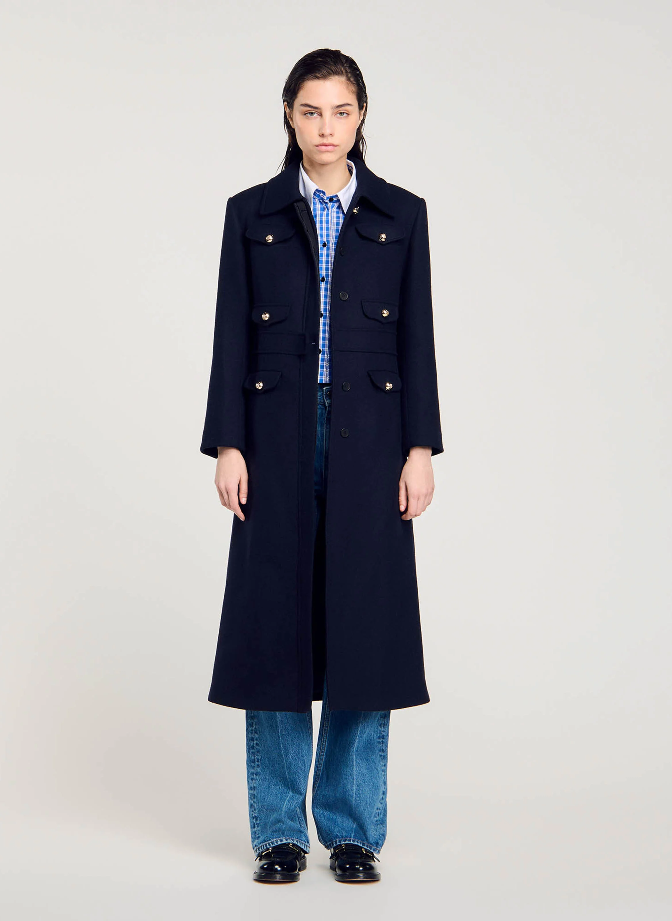 Manteau long cintré en laine mélangée | Bleu