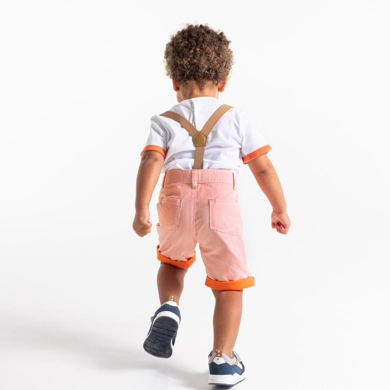 Short à bretelles fines rayures orange bébé garçon