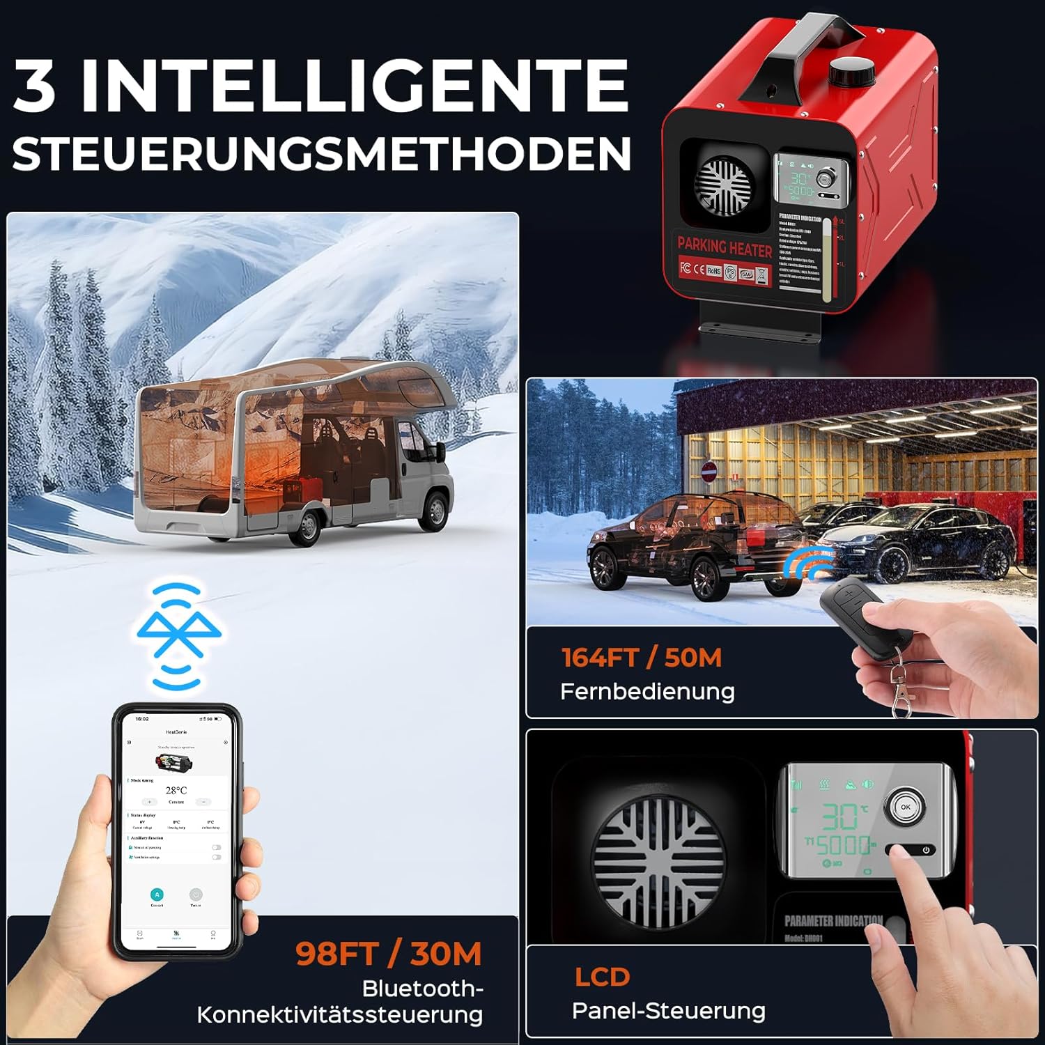 8KW 12V&24V& 230V Standheizung Dieselheizung, Diesel-Luftheizung All-in-One mit Fernbedienung & LCD-Bildschirm, Schnelles Aufheizen, App-Steuerung, Tragbare Diesel Heizung für LKW, Transporter