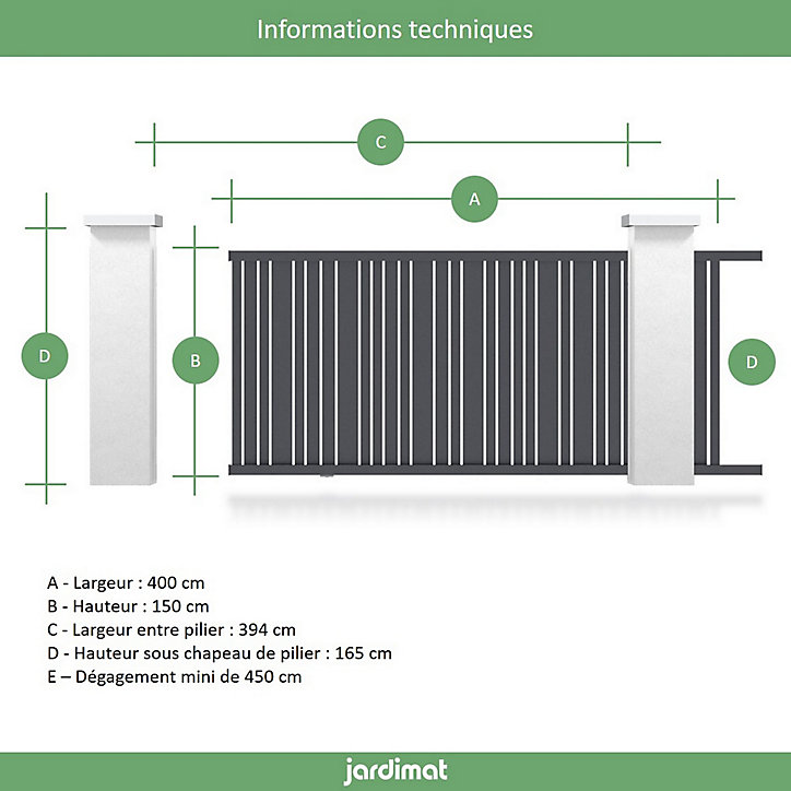 Portail Jardimat coulissant aluminium Genes gris 7016 - 400 x h.150 cm