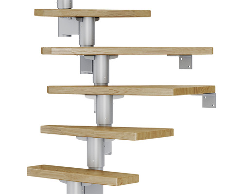 Pertura Spiros middentrap, parelgrijs, kwartslag, links/rechts onder, 75 cm, gelakte eikenhouten balustrade, 11 treden / 12 stootborden