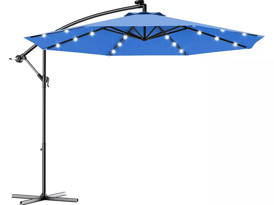 Parasol Déporté 3M Excentré avec 24 LED Lampe Solaire en Polyester Inperméable Hauteur 250CM avec 8 Baleines en Fer Jardin