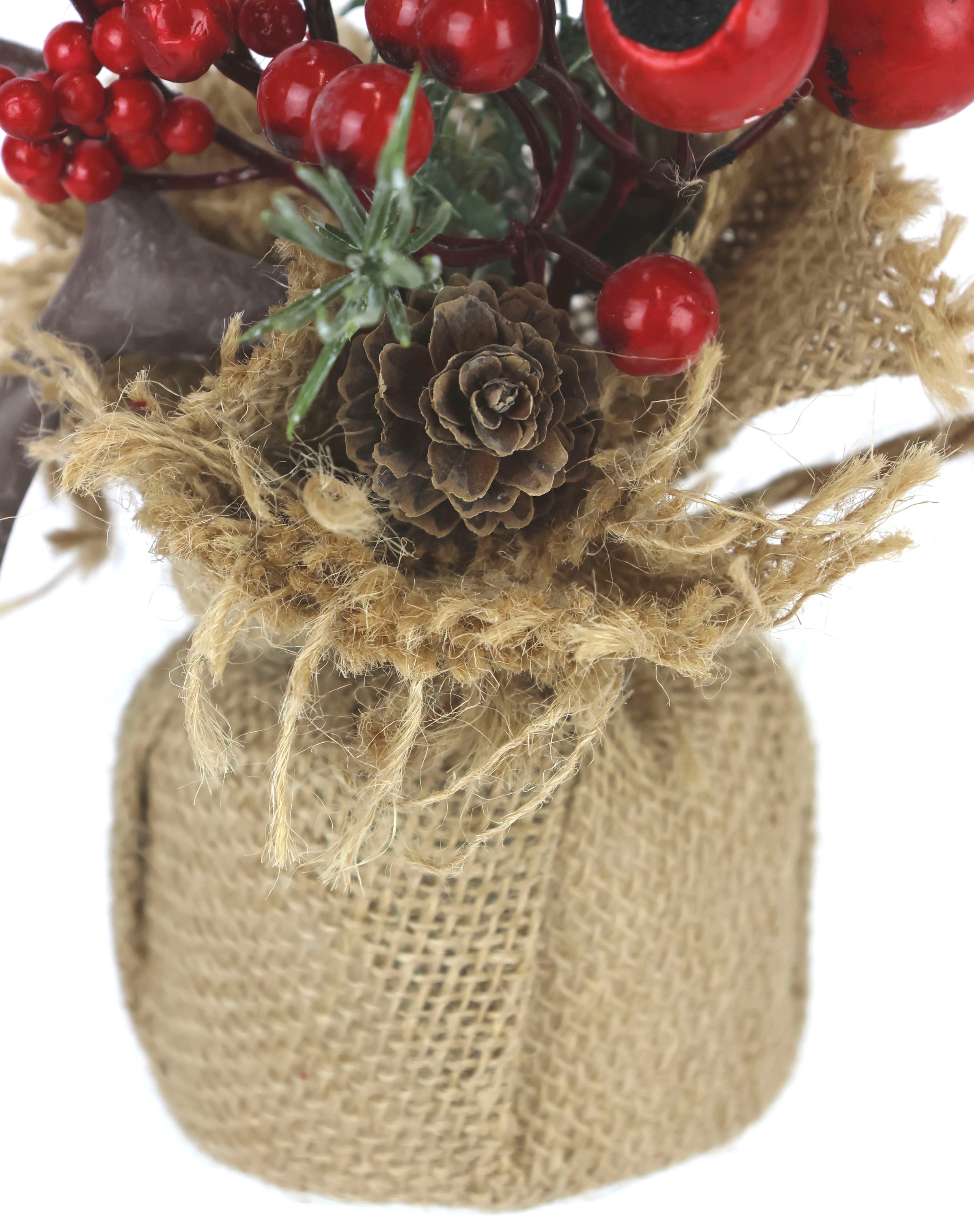 I.GE.A. Winterliche Kunstpflanze »Weihnachtsgesteck in Jute, Weihnachtsdeko im 2er Set,« Kunstblumen-Arrangement 1x mit Horn und 1x  mit Hirsch