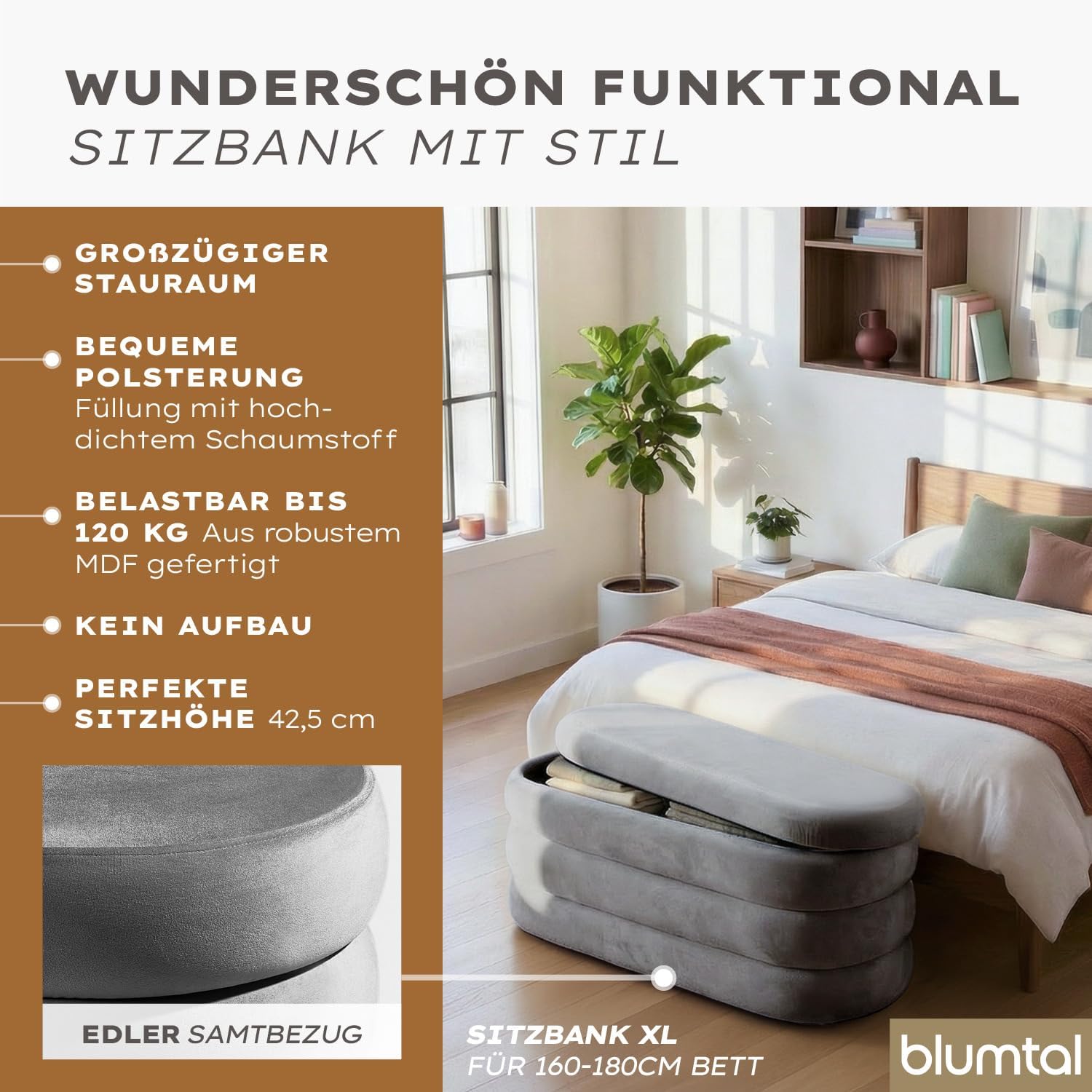Blumtal Sitzbank mit Stauraum XL oval, Samt-Bezug - robuste Polsterbank mit Stauraum Samtoptik extra weich 110 x 45 x 42.5 cm - Schuhbank - wunderschöner Samt-Look - Ottoman Grau
