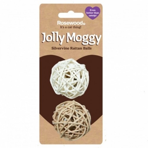 Pacote com 2 bolas de rattan Jolly Moggy para gatos, em cores variadas.