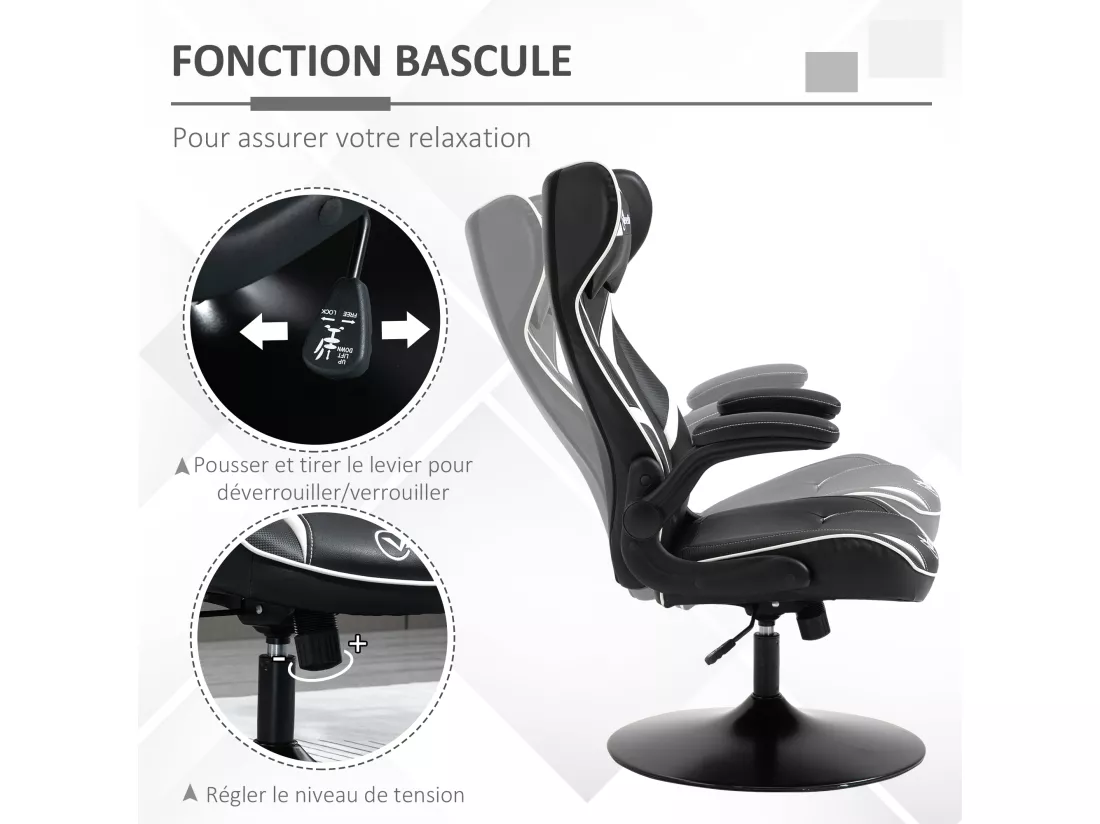 Fauteuil gaming base ronde métal pivotante 360° hauteur réglable tétière accoudoirs relevables PVC blanc noir