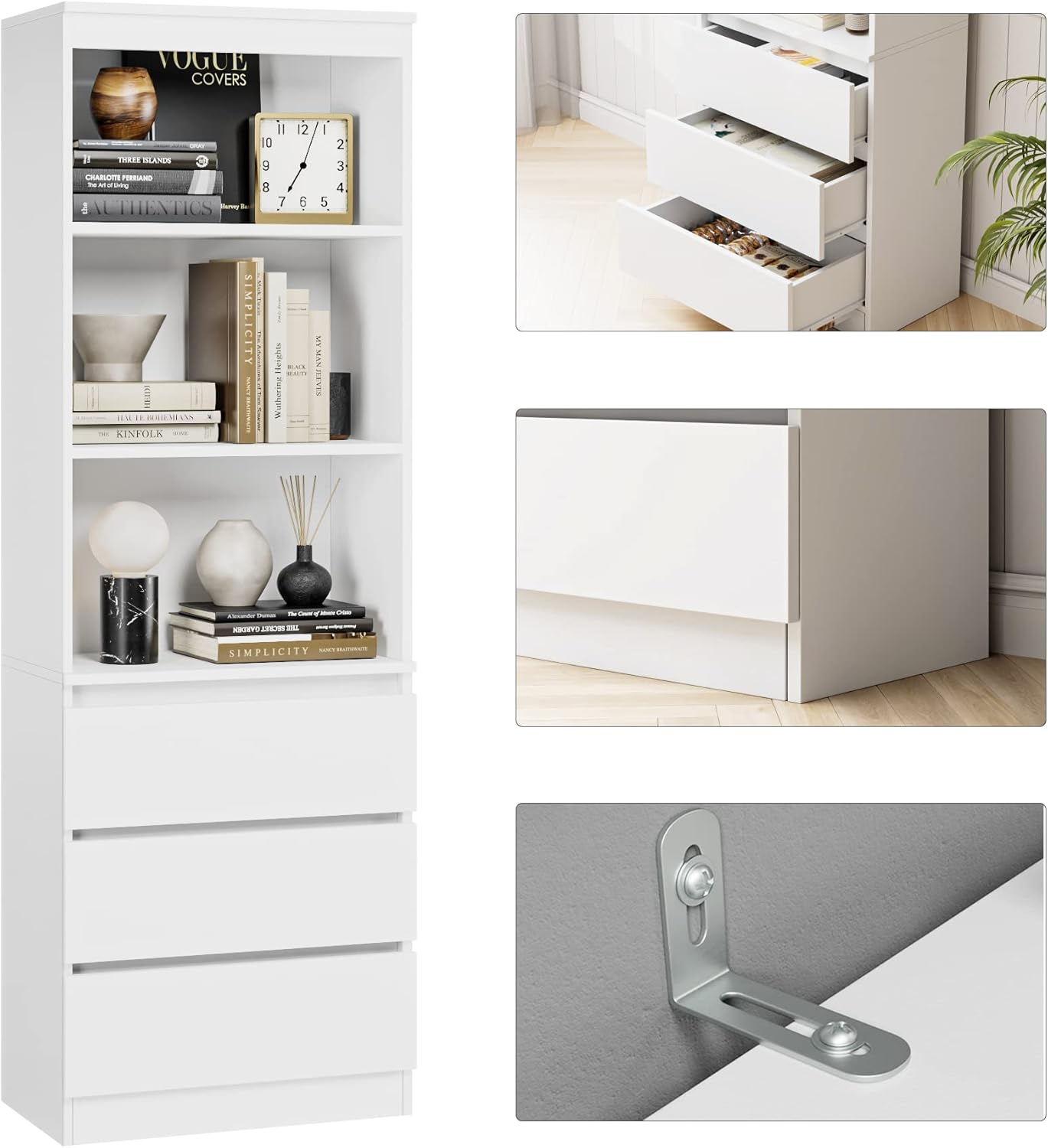 FirFurd Bücherregal mit 3 Schubladen 3 Fächern 180 cm Hochschrank Bücherschrank Vitrinenschrank Mehrzweckschrank für Wohnzimmer Büro Küche 60 x 35 x 180 cm Weiß
