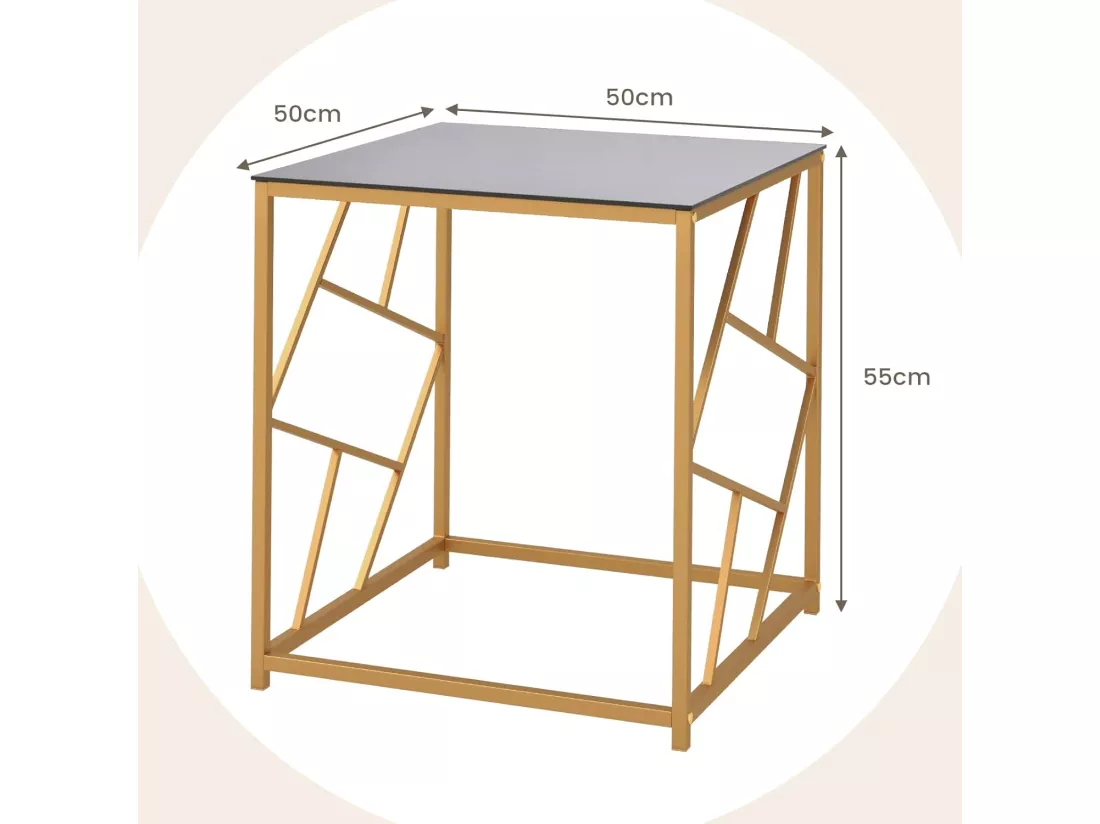 Table d'appoint carrée, plateau en verre trempé, cadre géométrique doré, 50 x 50 x 55 cm