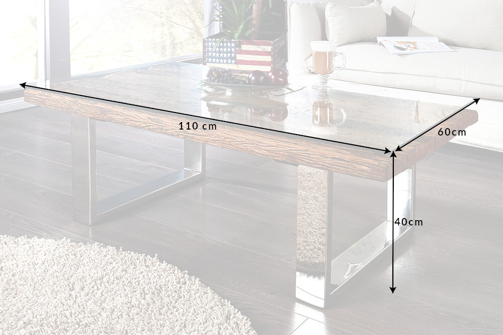Eindrucksvoller Couchtisch BARRACUDA 110cm antik Teakholz mit Kufengestell und Glas