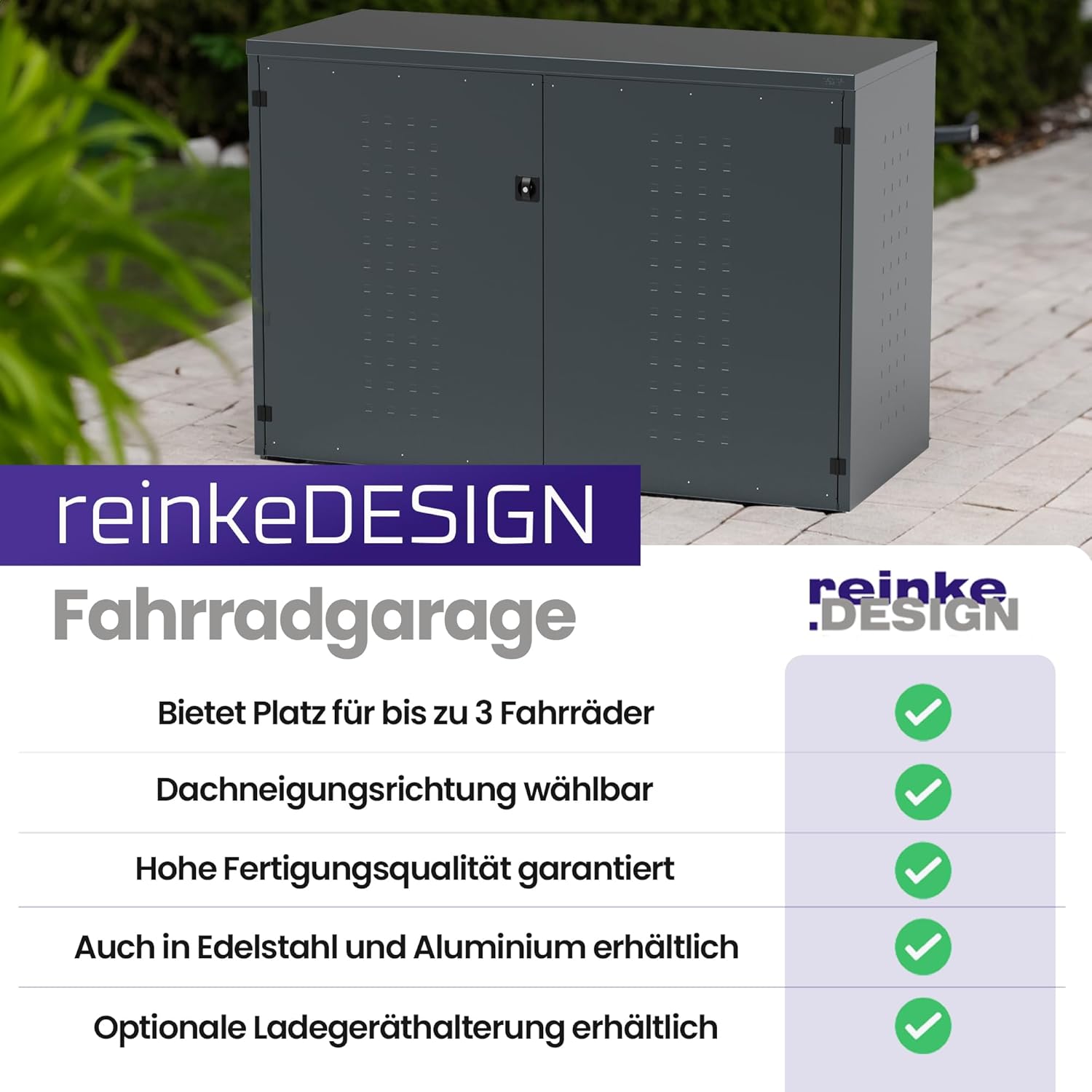 Fahrradgarage aus verzinktem Stahl Anthrazit inkl. Pultdach | Für bis zu 3 Räder/E-Bikes I Made in Germany | Einfaches Montieren I Optional mit Ladevorrichtung I Langlebig