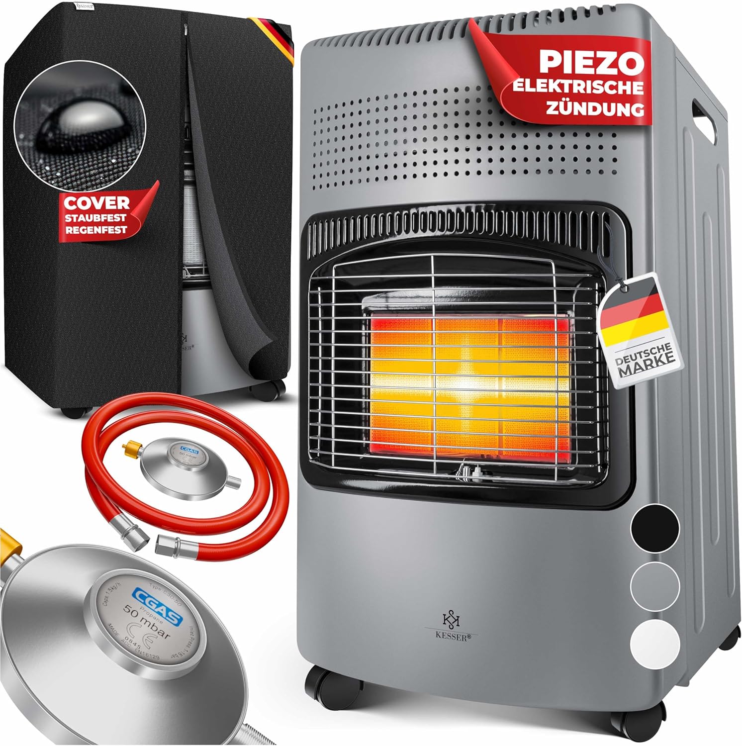 KESSER® 4200 Watt Keramik Piezo Gasheizer inkl. Gasdruckregler Gasschlauch + Schutzhülle, Gasheizofen Heizstrahler Gasheizgerät Infrarot Keramikbrenner, Butan- oder Propangasflaschen bis 15kg, Grau