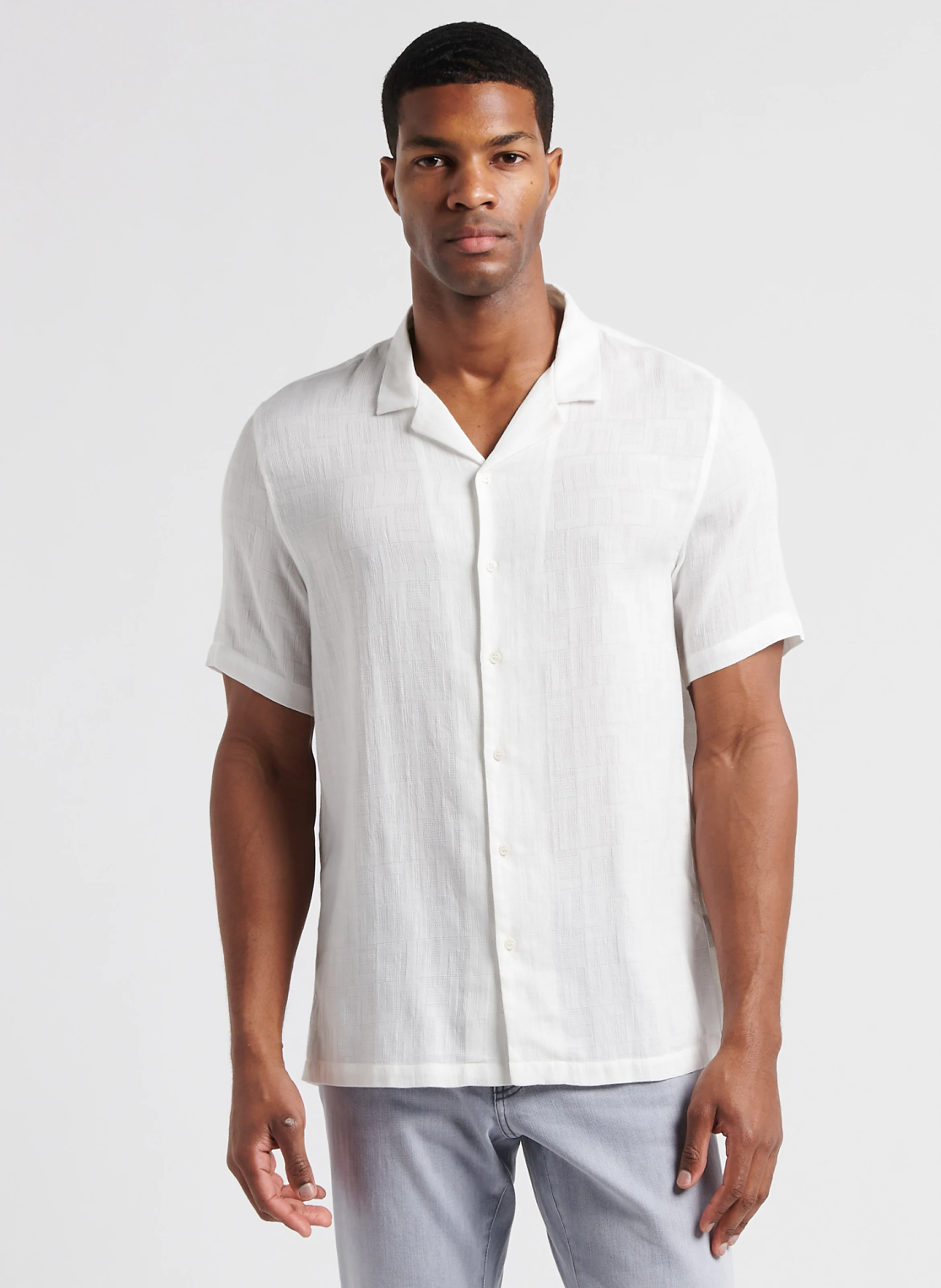 Chemise col cubain en coton mélangé| Blanc