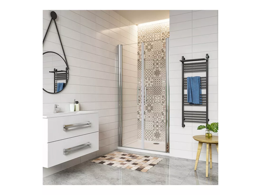 Porte de douche battante 100x197cm en 6mm verre anticalcaire avec receveur de douche blanc 100x80x3cm