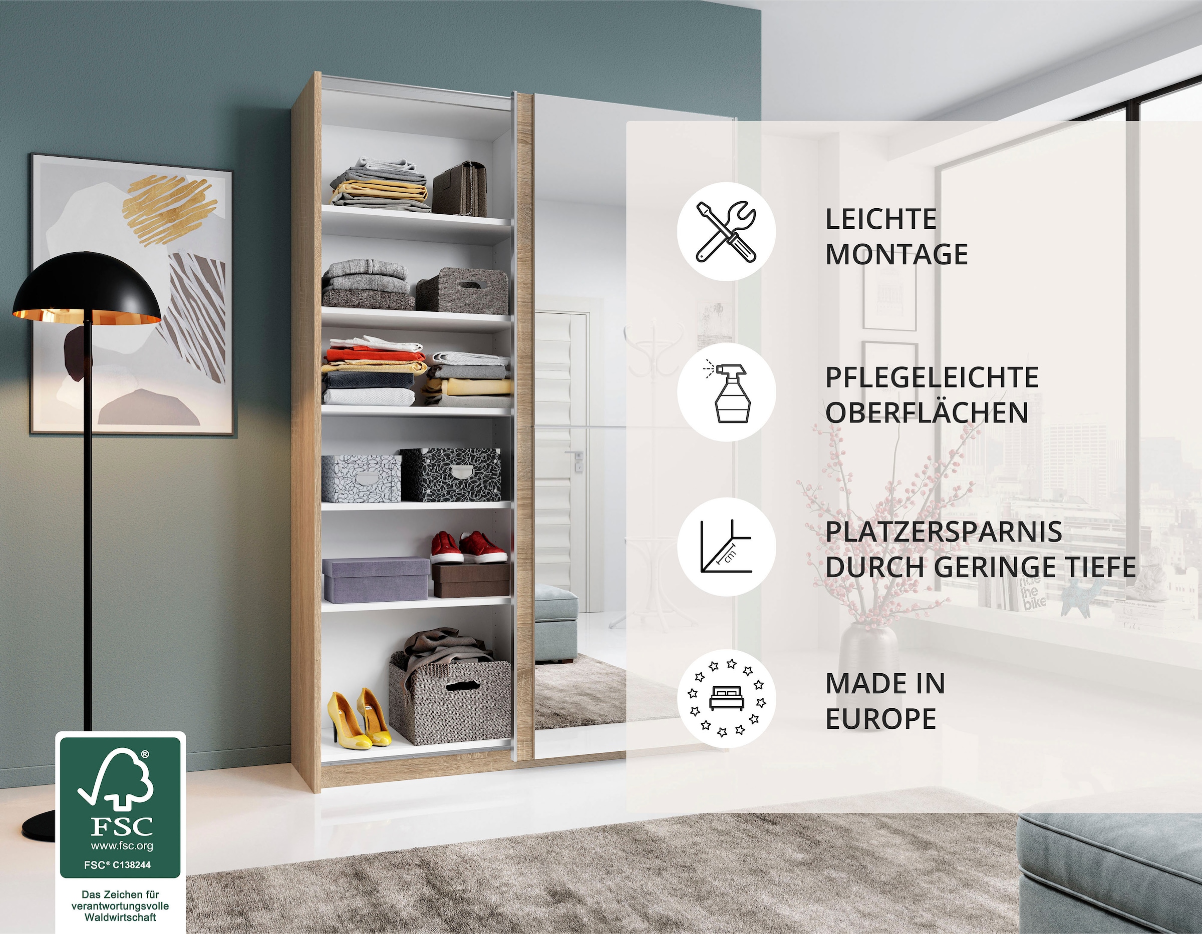 Schlafkontor Schwebetürenschrank »Heimo/Fast Schrank Kleiderschrank Garderobe« geringe Tiefe, ausziehbarer Kleiderstange, Garderobenschrank, 6 Böden