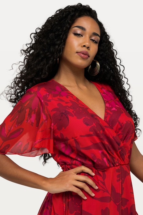Meshkleid, Blüten, V-Ausschnitt, Halbarm, Maxikleid