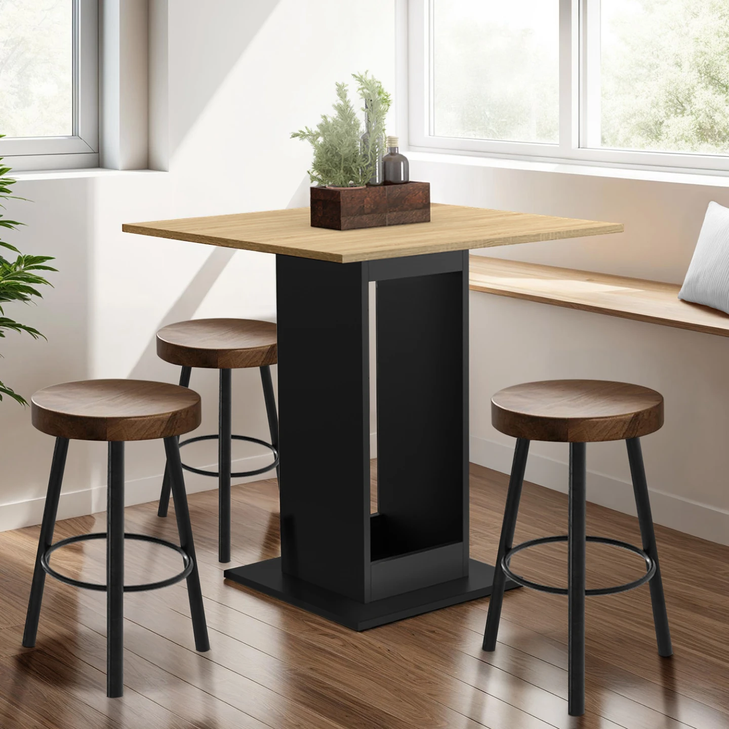 Table à manger carrée ZELIE 4 personnes bois et noir 65 cm