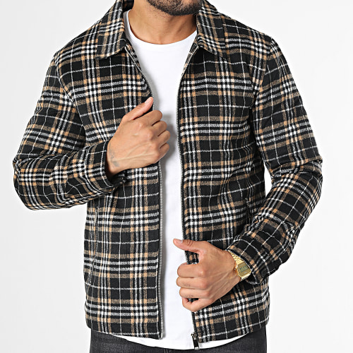 Veste Zippée à Carreaux Noir Beige
