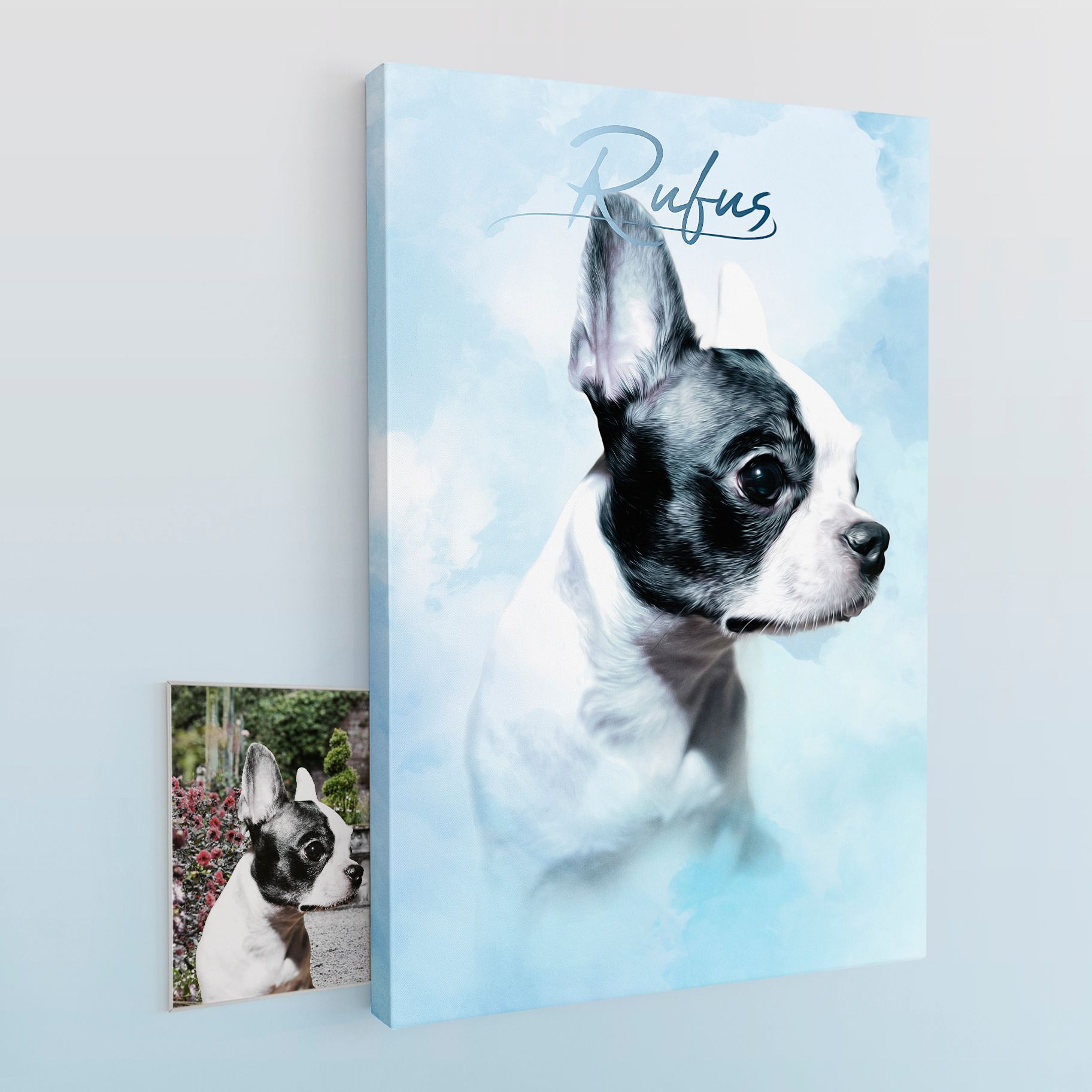 Retrato personalizado do seu animal de estimação em tela, cor azul nuvem.