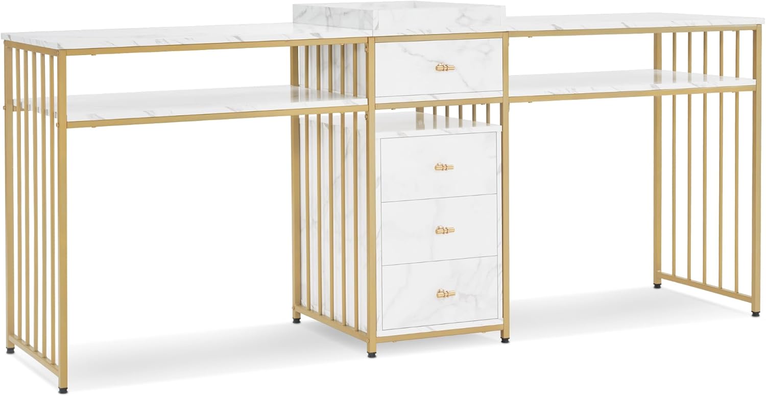 M MCombo Doppelnageltisch mit Schubladen, Schreibtisch mit Regal, Manikürtisch, Schminktisch ohne Spiegel Wohnzimmer Modern, Marmor-Weiß Gold, 50 x 200 x 86cm, 2413