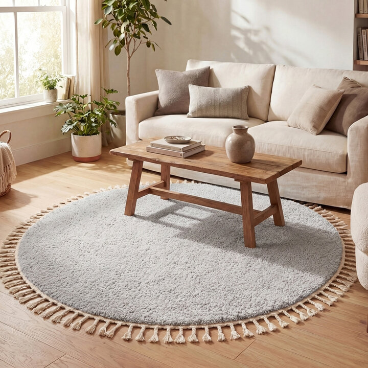 Rond hoogpolig vloerkleed - Lofty Fringe LichtGrijs