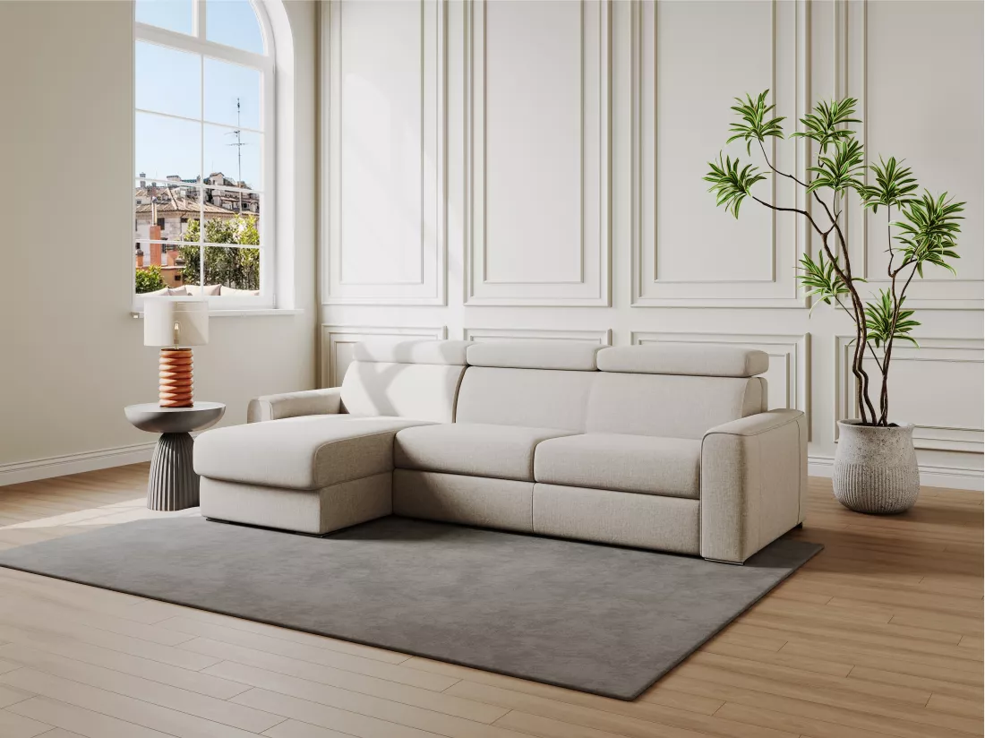 Canapé d'angle réversible convertible express en tissu beige - Couchage 140 cm - Matelas 22 cm mémoire de forme - VIZIR
