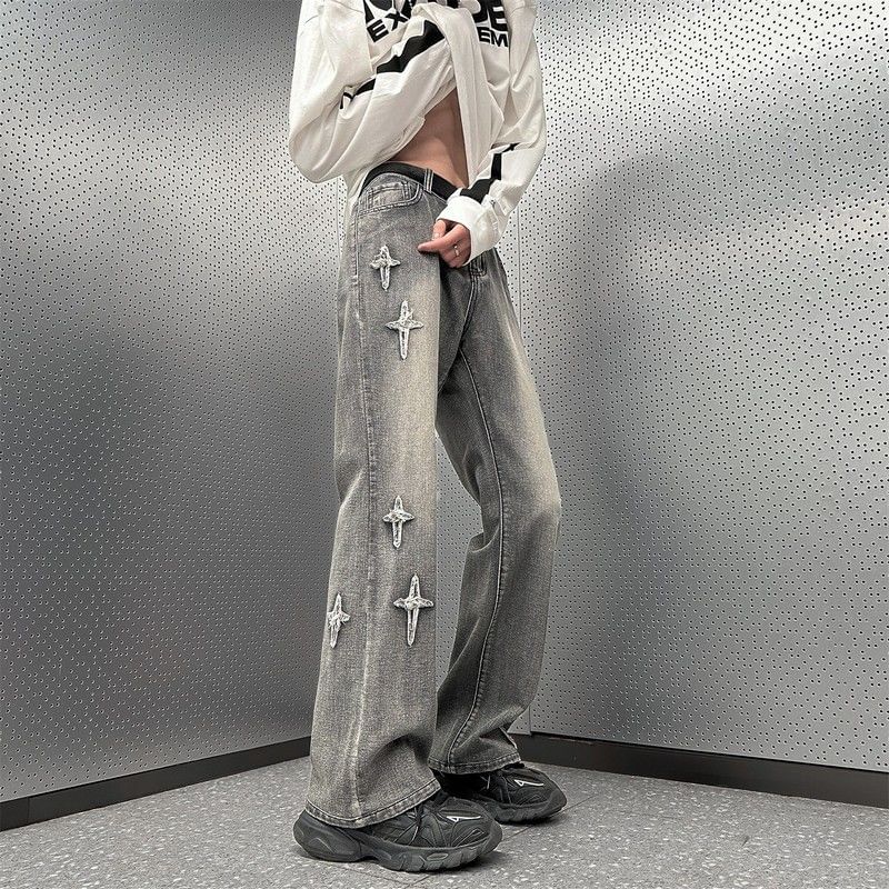 Bay Go Mall - Mid Rise Washed Star Embroidered Wide Leg Jeans
