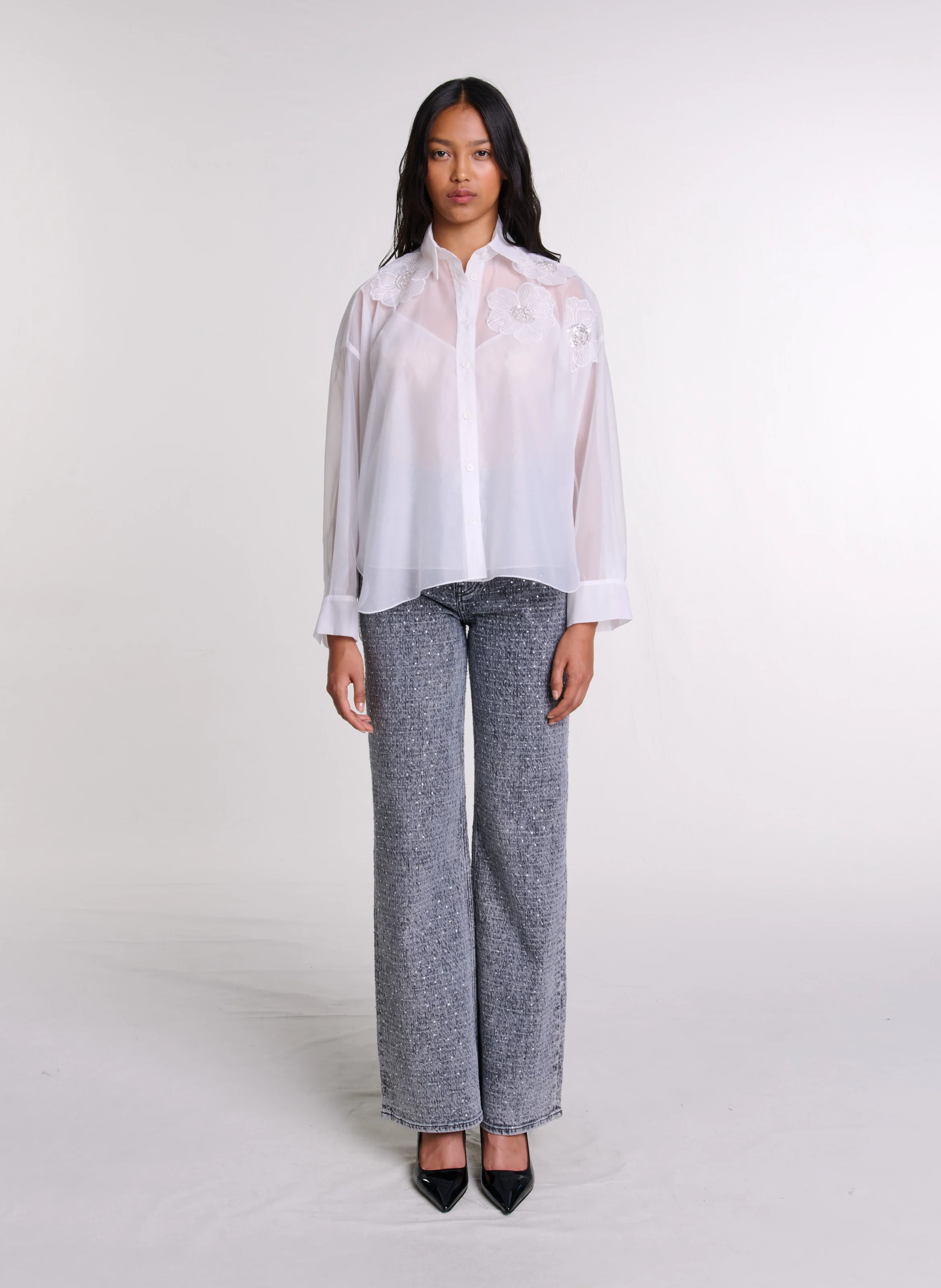 Chemise col classique droite en organza | Blanc