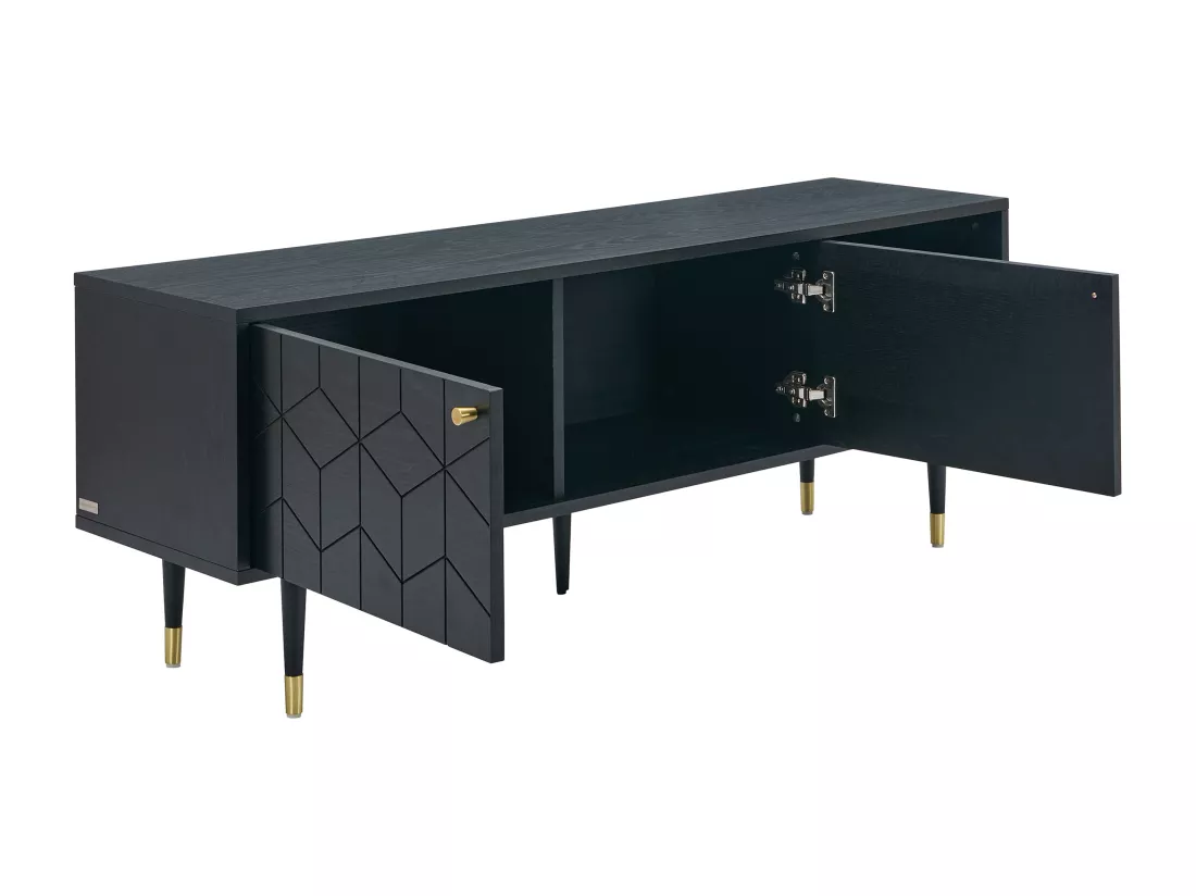 Meuble TV avec 2 portes et 2 niches placage chêne - Noir et doré - PARIOMA