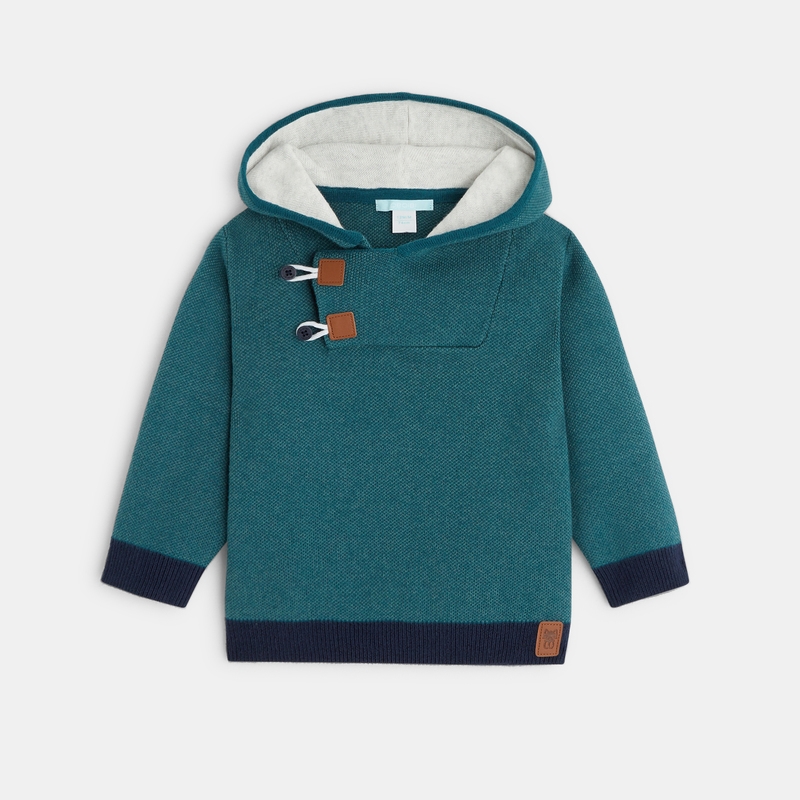 Pull col boutonné à capuche vert bébé garçon