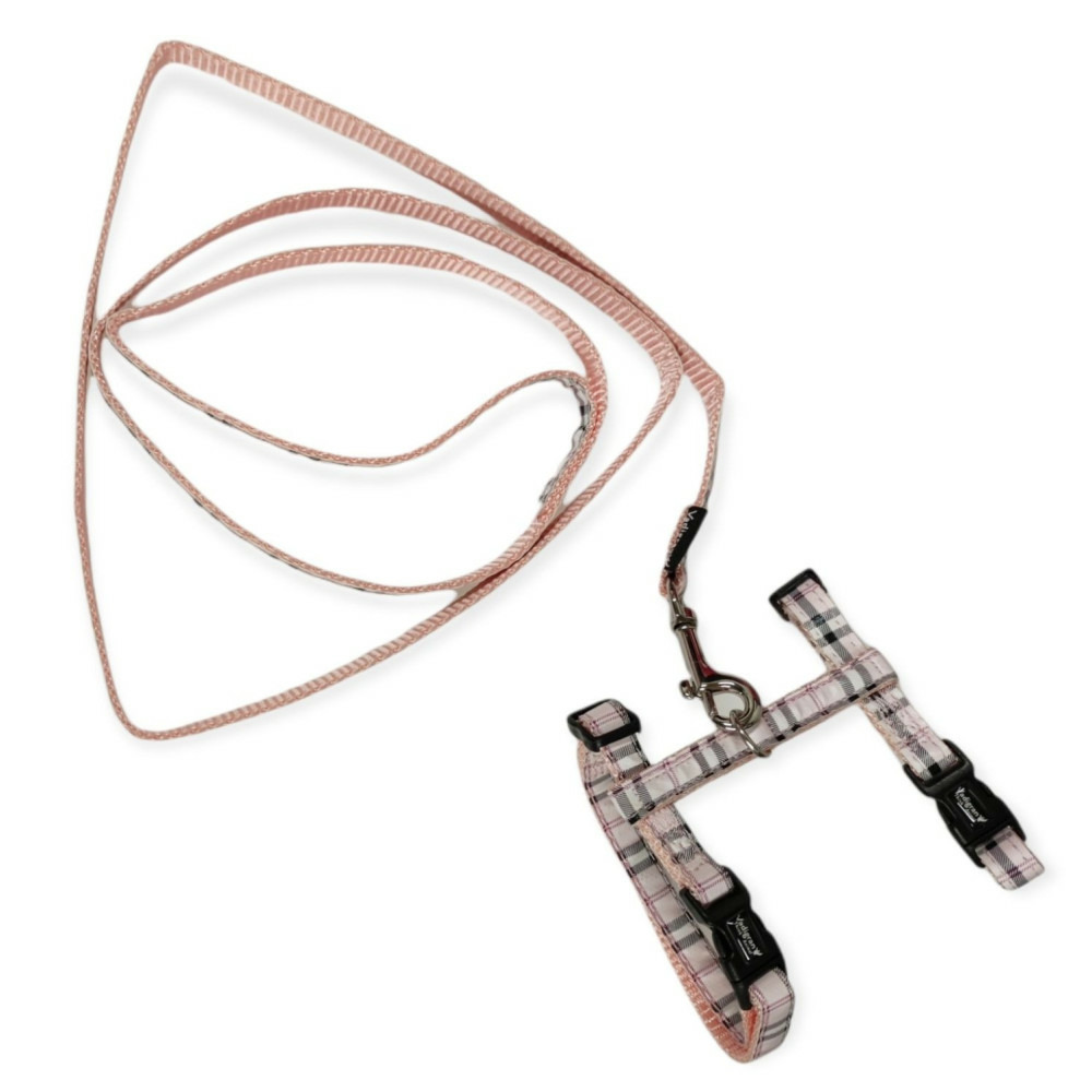 Harnais + laisse écossais rose, réglable pour chat, 120 cm.