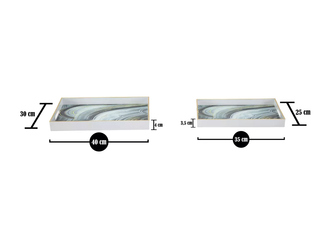 Lot de 2 supports en résine et verre blanc 40x30x4-35x25x3,5 cm