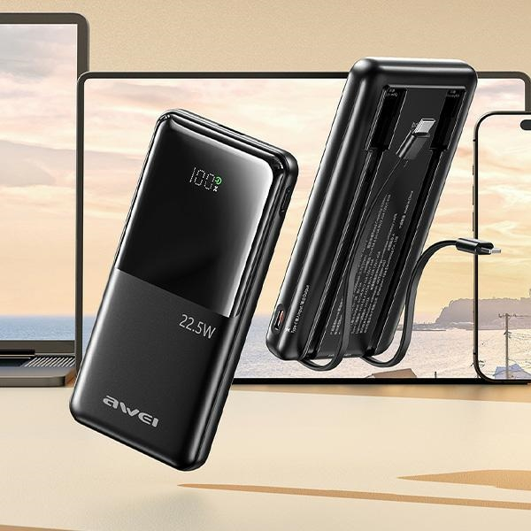 (22.5W) 10000mAh USB A / USB C Powerbank Power Delivery Ladegerät inkl. USB C / Lightning Ladekabel mit LED Anzeige (P76K) - Schwarz