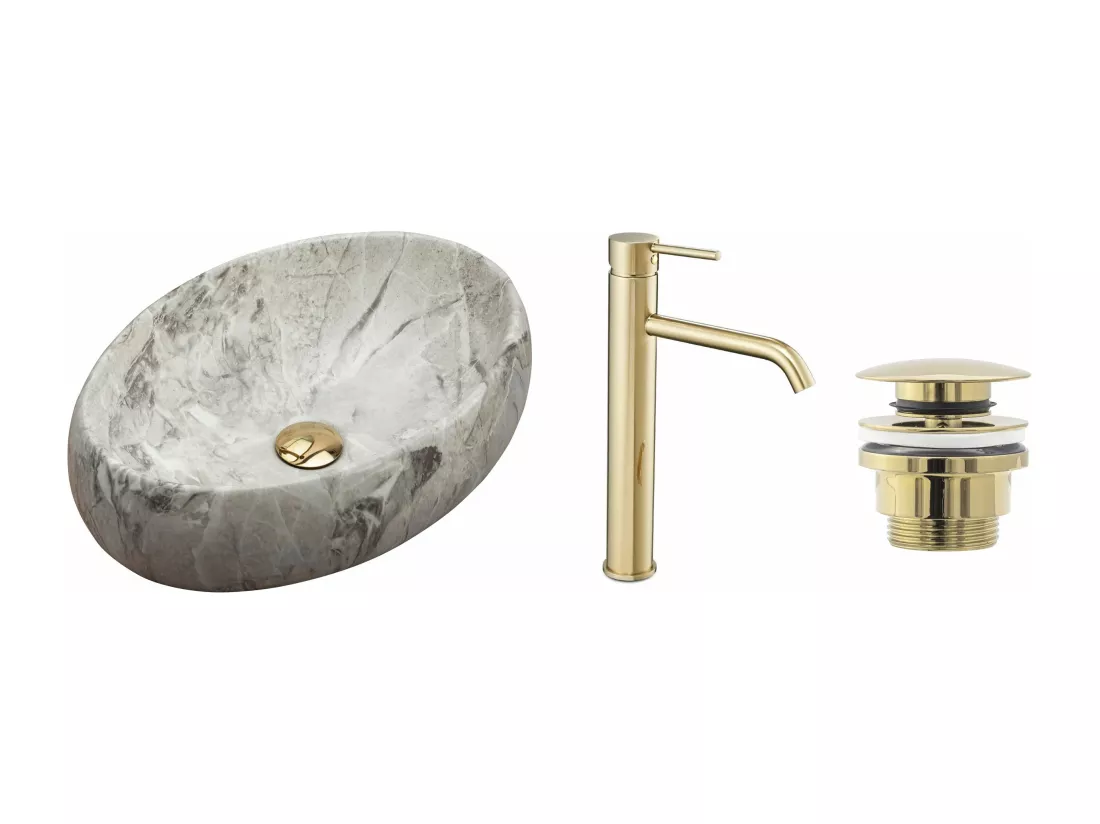 Set De Vasque À Poser Rea Linda Light Grey + Robinet De Lavabo Lungo Gold High + Bonde Gold