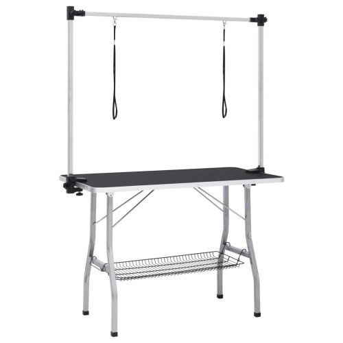 Mesa de tosa grande para cães, preta e prateada.
