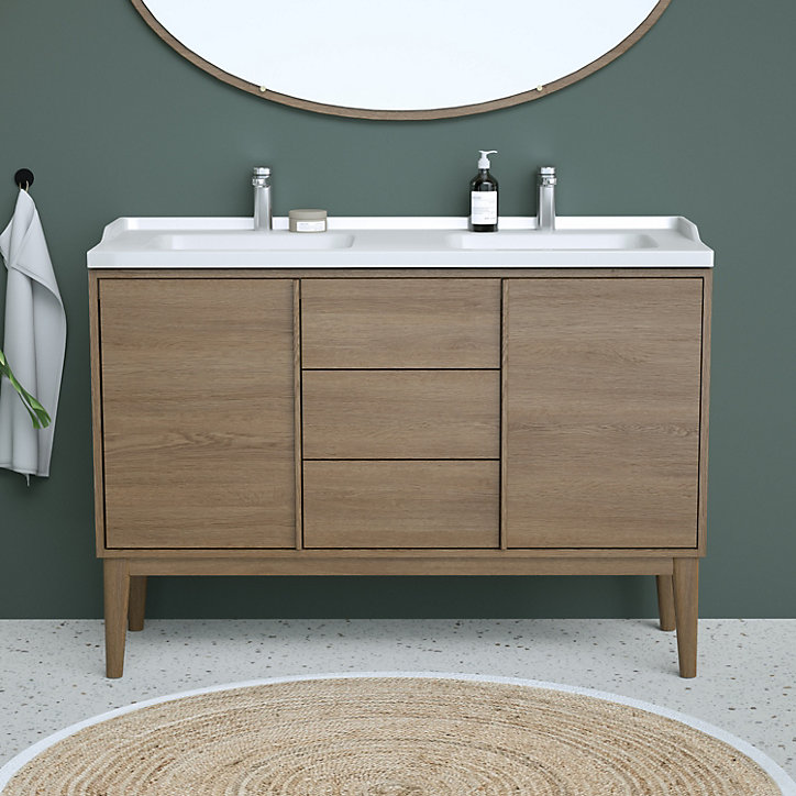 Ensemble meuble sous vasque placage bois Kabayan + plan double vasque céramique blanc Lana l.120 cm