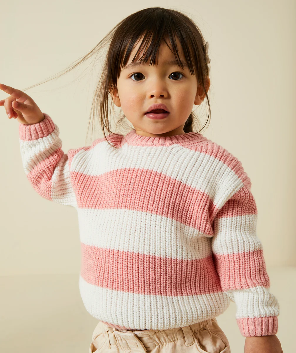 PULL TRICOT BÉBÉ FILLE EN COTON BIO AVEC RAYURES ROSE ET BLANC