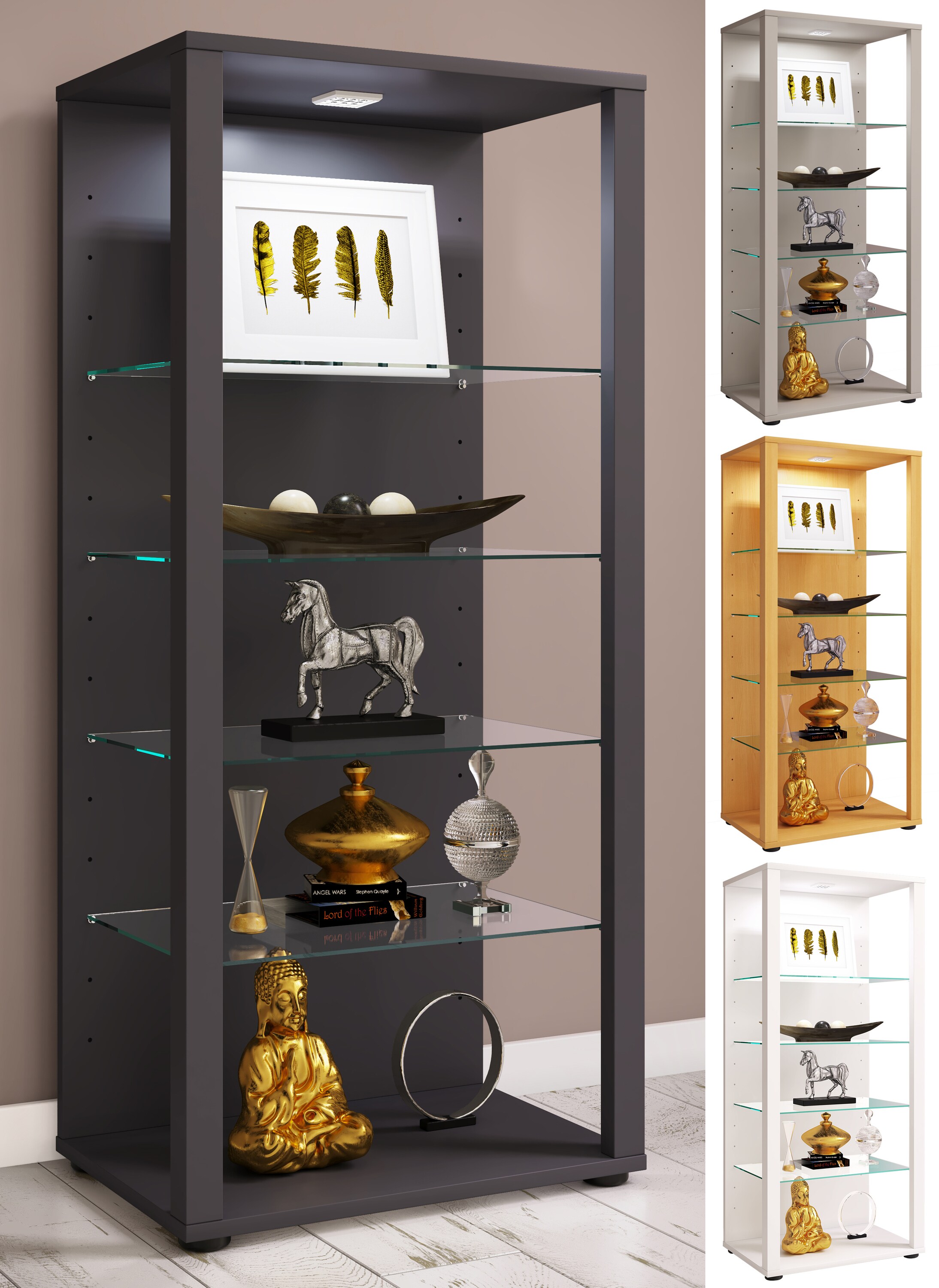 VCM Glasvitrine stehend | Vitrine Glas mit ESG-Sicherheitsglas | Maße: H. 115 x B. 52 x T. 35 cm | Standvitrine Glas | Modern und platzsparend | Glas Vitrinenschrank - Glasol lll
