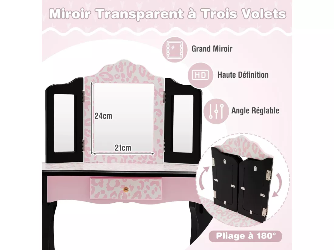 2 en 1 Coiffeuse Enfants Fille avec Miroir Amovible à 3 Volets & Tabouret, Table de Maquillage avec Tiroir & Dispositif Anti-Basculement, Charge 50kg pour Enfants de 3-7 Ans (Imprimé léopard)