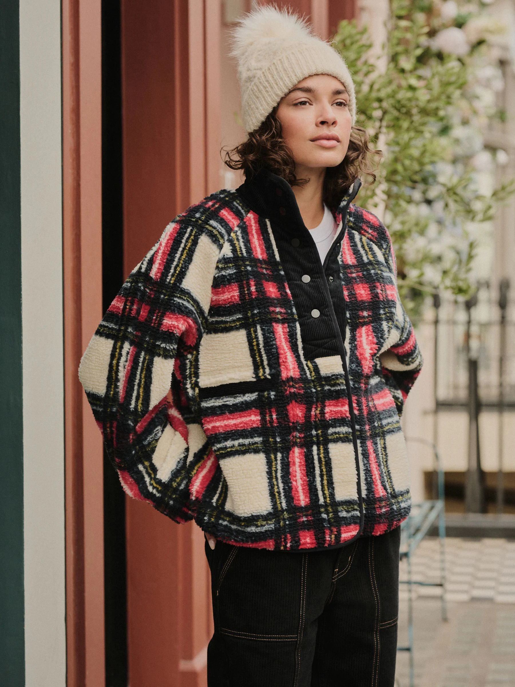 Zwart/Wit/Rood Ruit - Behaaglijke teddy Borg mixgeweven fleece Jack met Knoopsluiting
