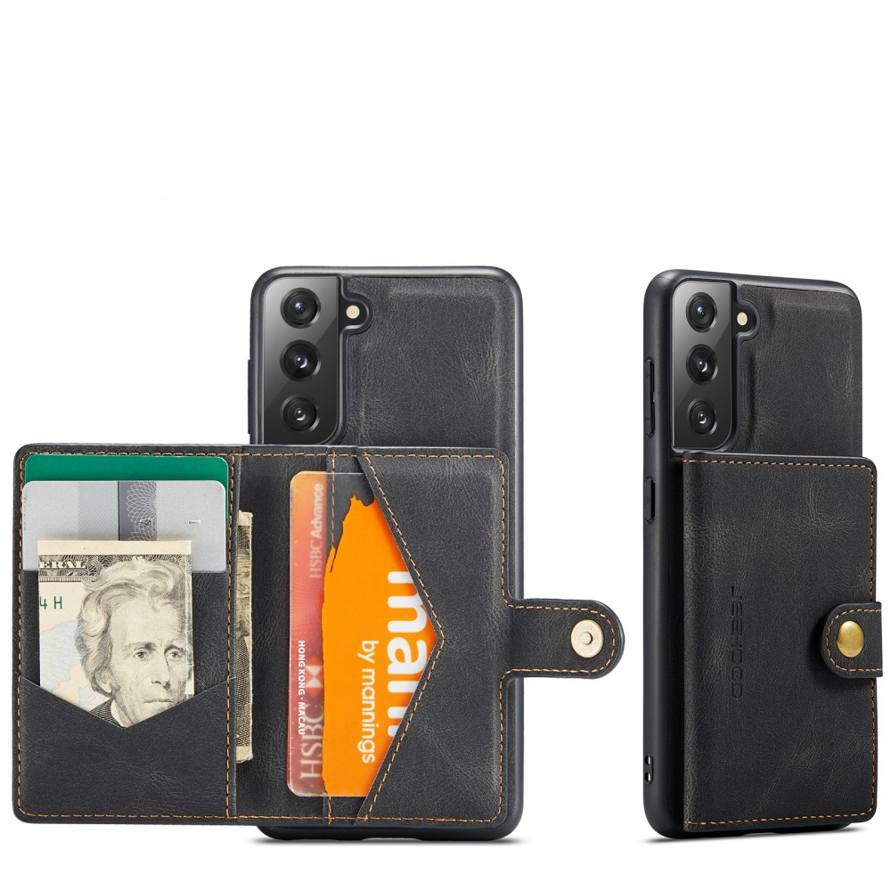 2in1 Samsung Galaxy S21 FE 5G Leder Hülle Wallet   Magnetisches Kreditkartenfach - Schwarz