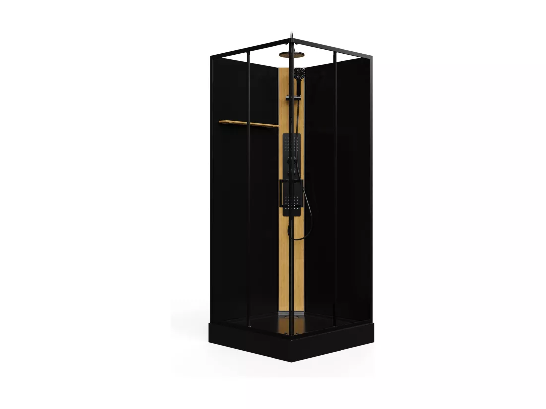 Cabine de douche hydromassante carrée avec panneau en bambou - Noir - L90 x l90 x H225 cm - DESULO
