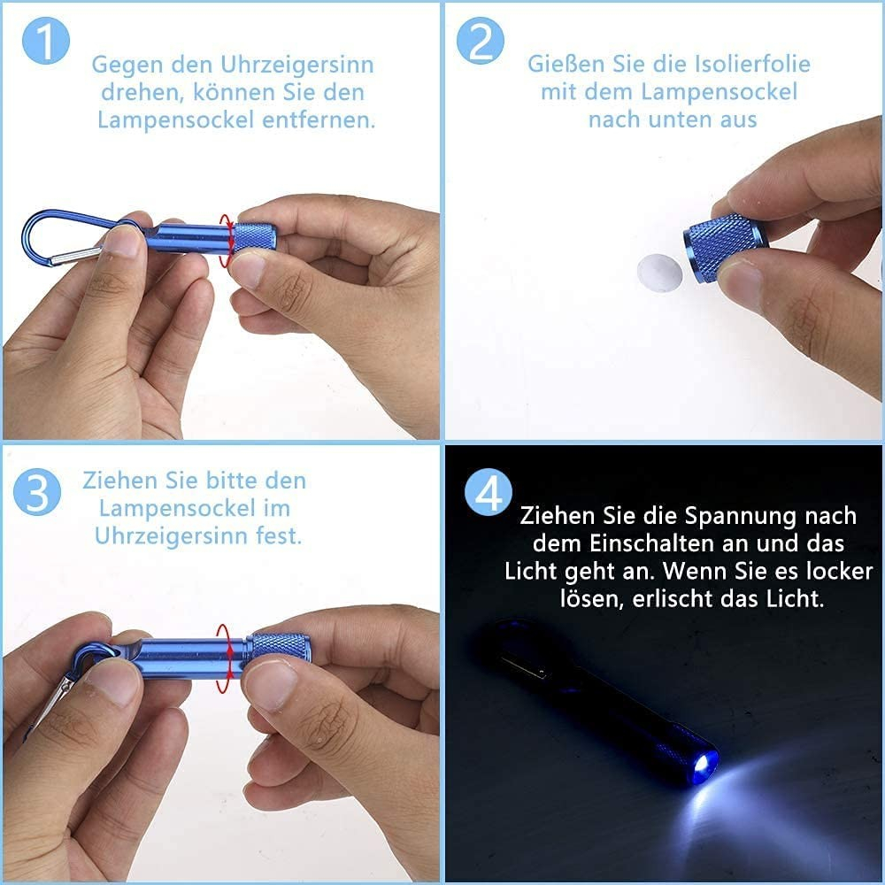 (3er Set) 60x20mm Aluminium LED Taschenlampe mit Karabinerhaken (Batteriebetrieben) - Bunt