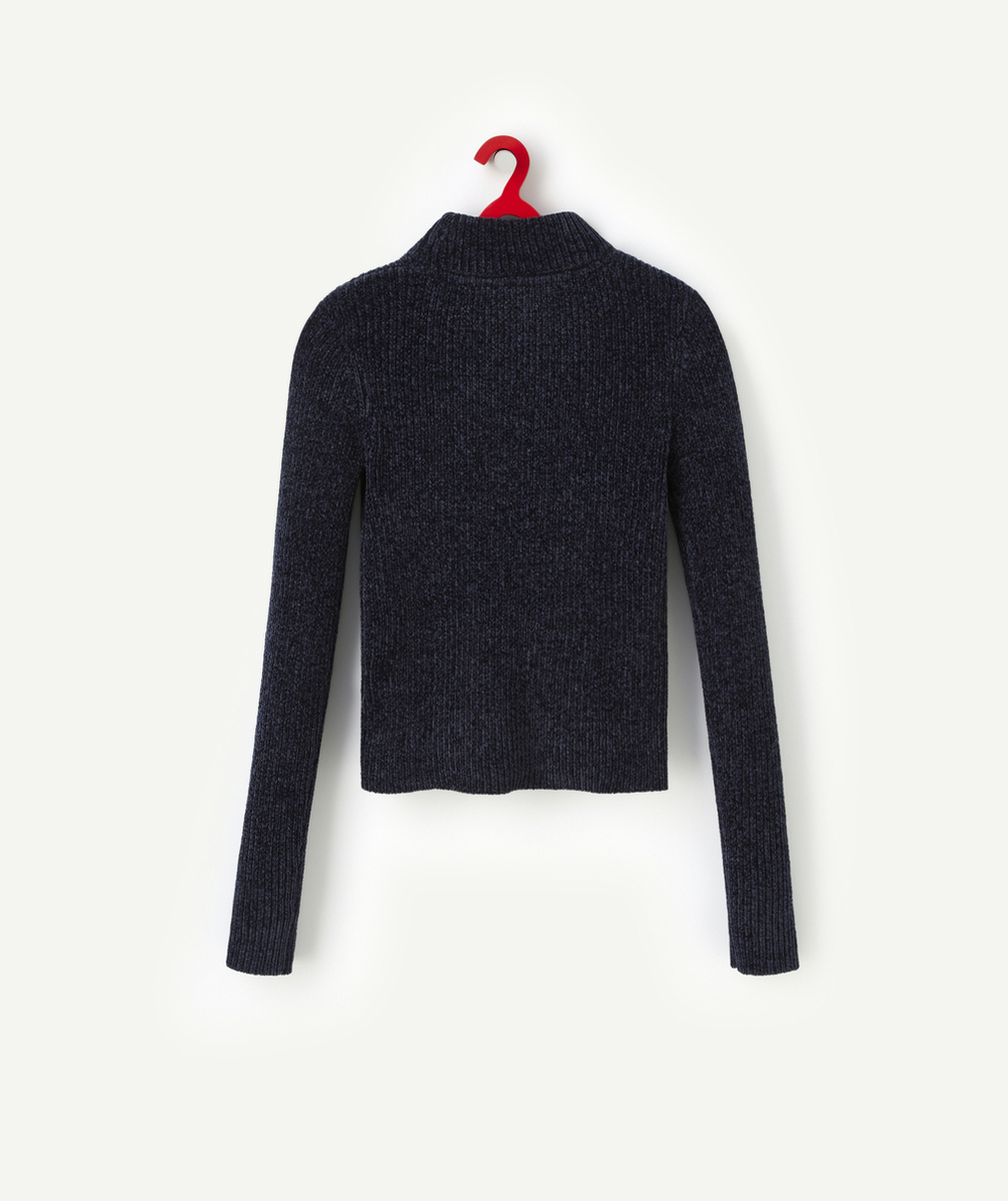 PULL MANCHES LONGUES FILLE EN MAILLE CHENILLE BLEU