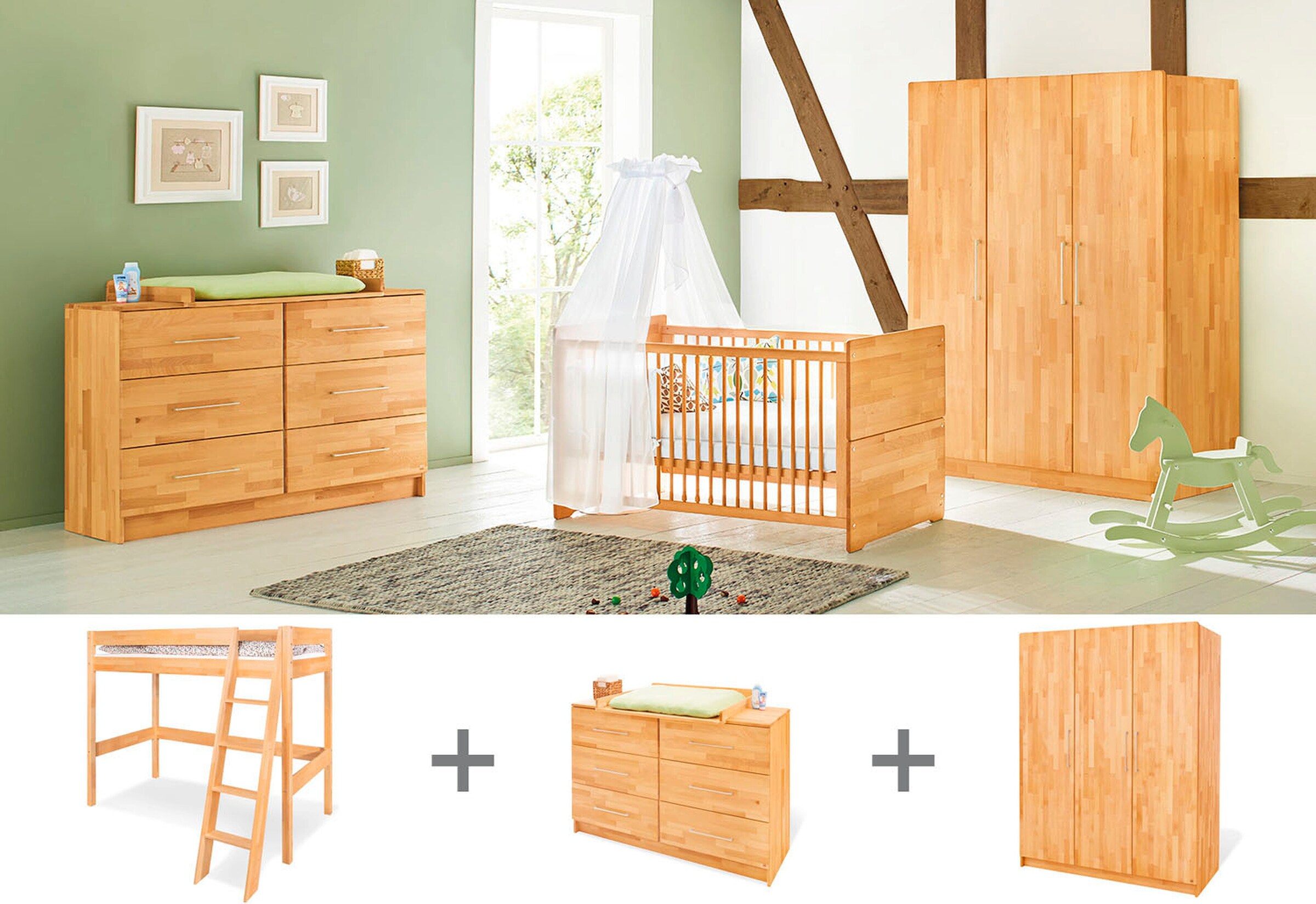 Pinolino Jugendzimmer-Set „Natura” extrabreit groß mit Hochbett, 3-tlg.