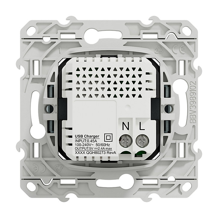 Prise USB double type A+C 5 Vcc 2.4 A affleurante Odace recyclé Schneider Electric blanc
