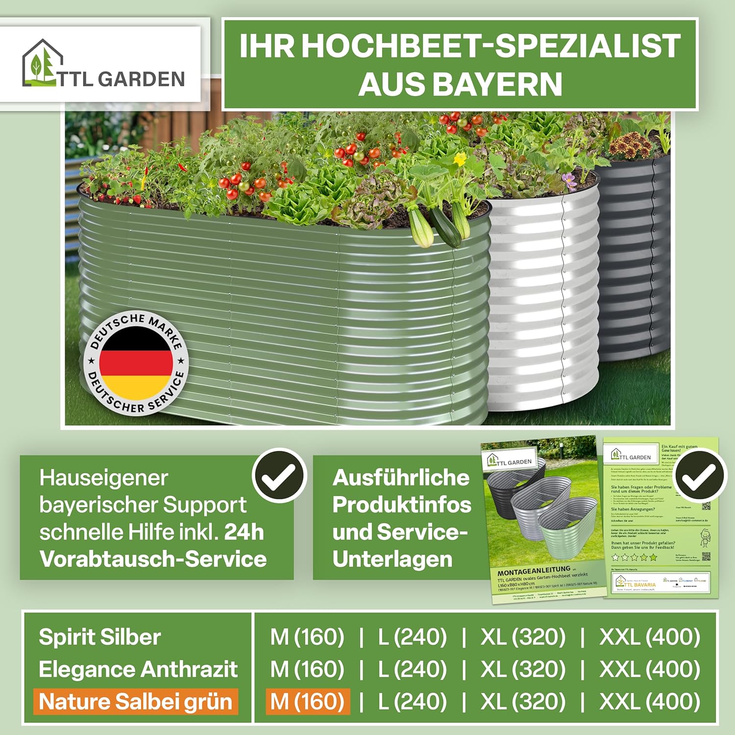 TTL GARDEN 160x80x80cm Nature M Metall Hochbeet Salbei-Grün - Stahl rostfrei verzinkt & lackiert Wellblech oval 80cm hoch sehr stabil Garten Beet für Gemüse Kräuter Blumen Gartenbeet Gemüsebeet