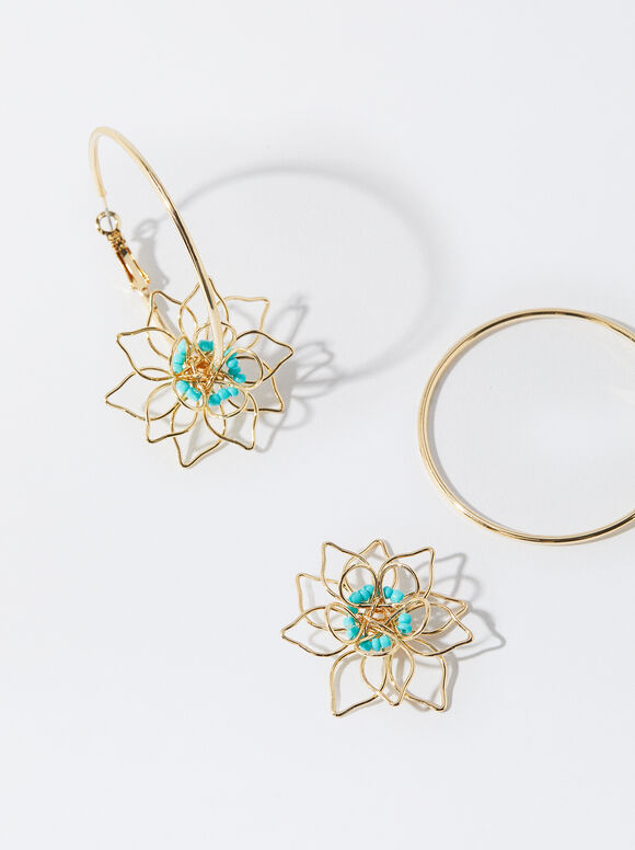 Brincos de argola com pedra e flor - Azul